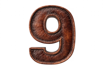 Digit nine in detailed leather texture and white stitching on black background