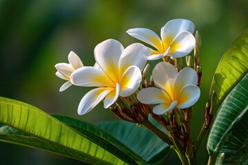 Obraz premium Close-up of four white and yellow plumeria blossoms