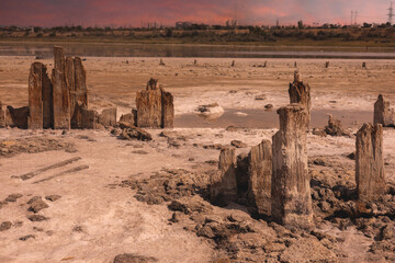 Landscape of a salt lake at sunset