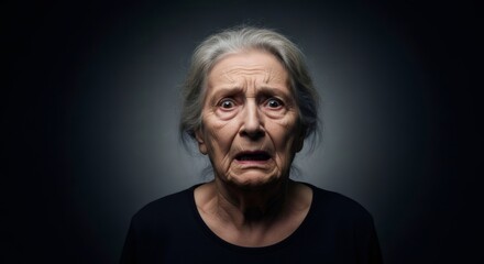 Fototapeta premium Senior woman with a scared expression, wide eyes, and furrowed brow, depicting anxiety, dementia, or a stroke. Medical concept.