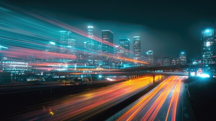 City at night with traffic light trails — futuristic urban skyline with neon colors