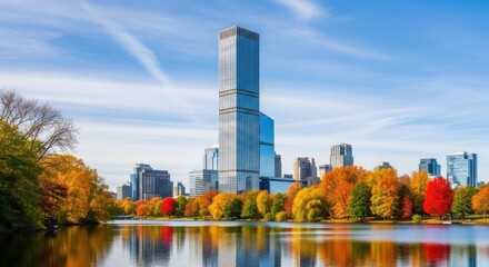 Obraz premium Autumn Foliage Reflects in a Serene Lake with a City Skyline