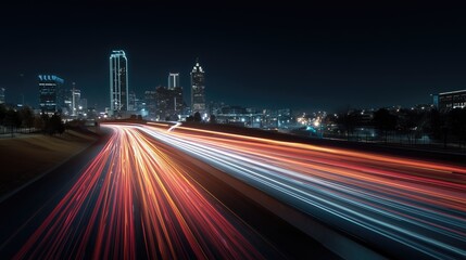 City at night with traffic light trails — futuristic urban skyline with neon colors