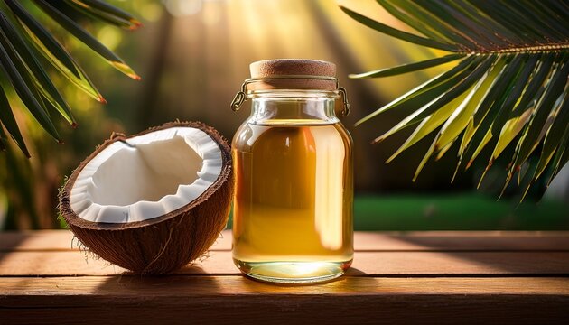 Virgin Coconut Oil In A Glass Jar Beside A Coconut Shell On A Rustic Wooden Table With Soft Natural Light Highlighting The Scene