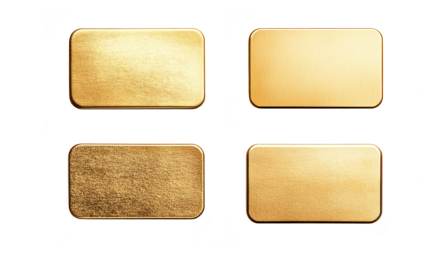 A collection of four distinct gold bars varying textures and finishes. arranged neatly against a clean white background. ideal for luxury product displays or financial concepts