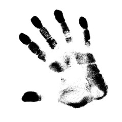 Black ink handprint isolated on white background, grunge fingerprint style for creative design, identity, or forensic concept.
