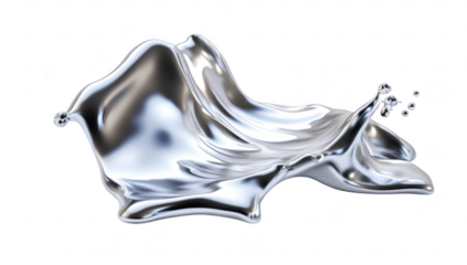 A shimmering. abstract representation of liquid metal splashing dynamically against a minimalist white background. fluidity and movement. ideal for creative design projects