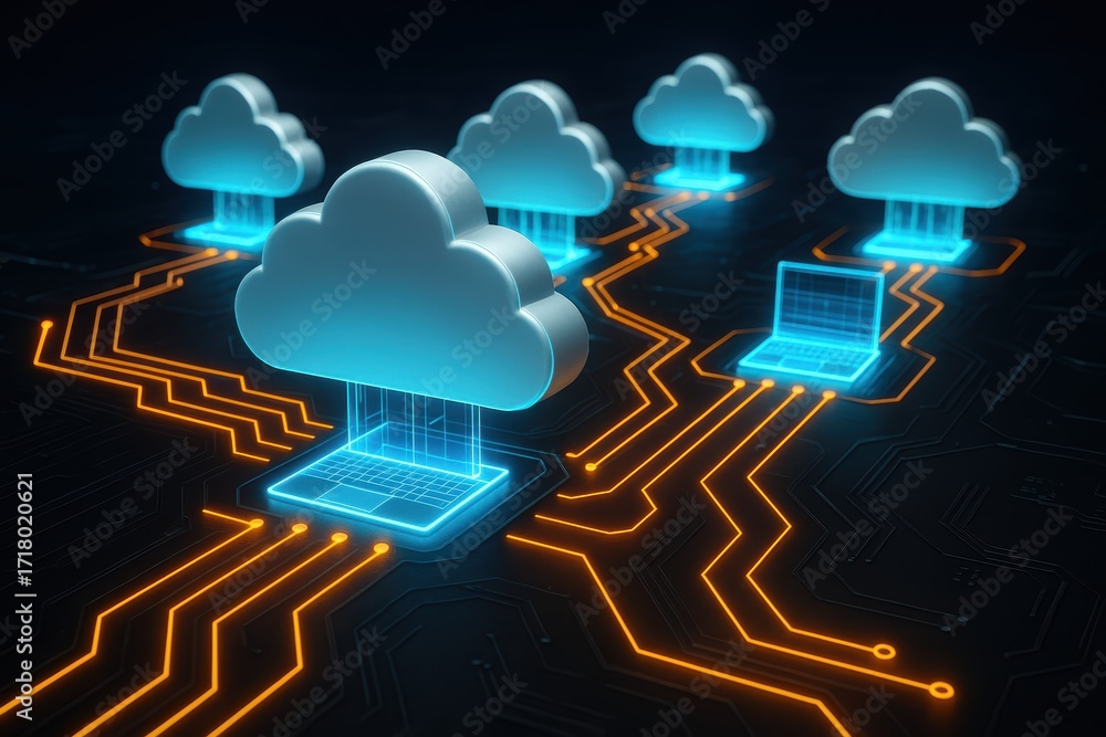 Poster digital cloud connection: an abstract rendering of digital clouds connected via intricate circuit bo