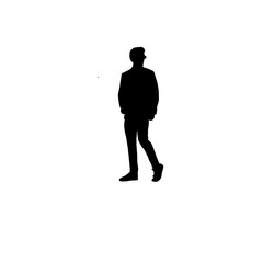 A bold, black silhouette of a man in a suit, walking confidently.