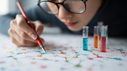 Young Scientist Conducting Experiment with Test Tubes and Diagram