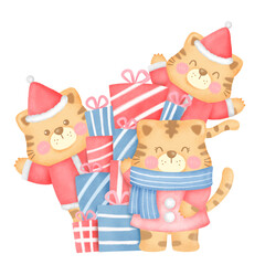 Three cats are playing with a pile of presents, with one of them wearing a red hat. The cats are surrounded by boxes of various sizes, and they seem to be having a great time. The scene is festive