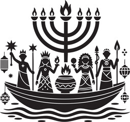 Lit Menorah and Royal Figures in Ceremonial Boat Silhouette