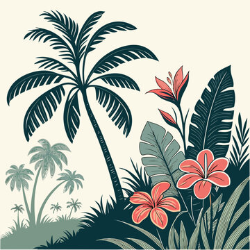 Tropical foliage art background vector.Digital print design with palm, floral and leaves with watercolor brush texture. 