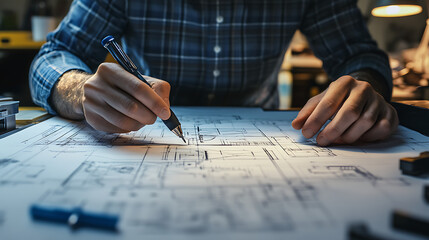 Human-AI engineer designing with floating blueprints and augmented hand controls 