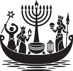  Menorah and Mystical Figures in a Ceremonial Boat Silhouette