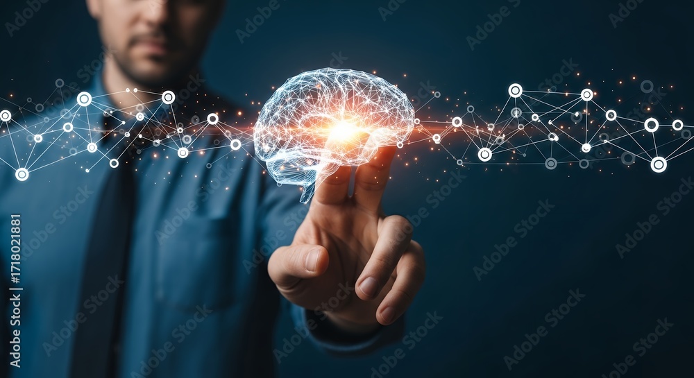 Poster a man touching a digital brain with glowing nodes and connected lines on dark background, concept fo