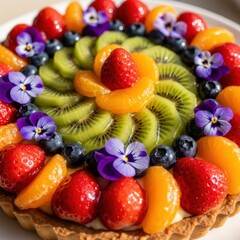Vibrant Fresh Fruit Tart Decorated with Edible Flowers