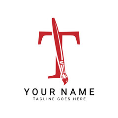 Letter T Painting Brush Logo Design. Alphabet T Painting Artist Icon