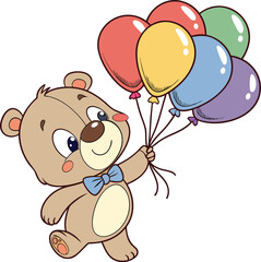 Fototapeta premium A cute, friendly teddy bear. The bear is brown with a light blue bow tie and is holding a bunch of six balloons in various colors: red, yellow, light blue, purple, and green. The teddy bear appears.