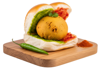 A delectable vada pav sandwich, showcased on a wooden board, features a vibrant yellow vada, creamy green chutney, and a dash of red chutney.