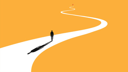 A man walking on a winding road towards the light at the end of the path