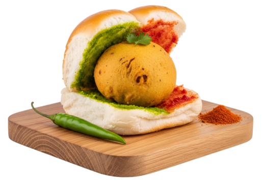 A delectable vada pav sandwich, showcased on a wooden board, features a vibrant yellow vada, creamy green chutney, and a dash of red chutney.