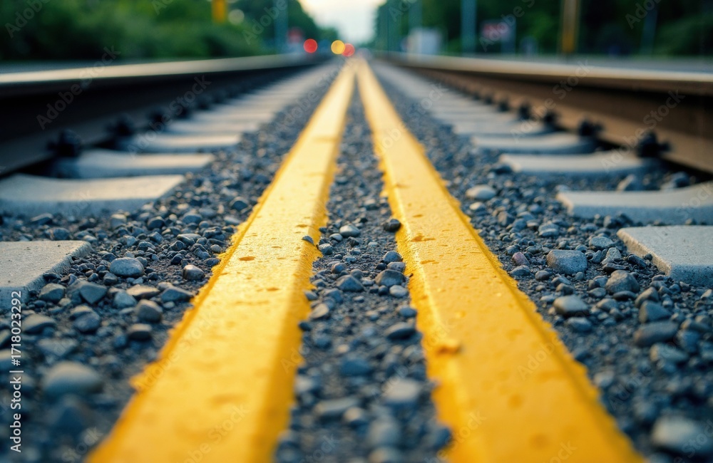 Poster close-up of railway tracks with yellow safety lines extending into the distance on a sunny day