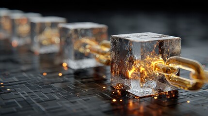 Blockchain Concept: Ice Cubes Linked by Golden Chain.
