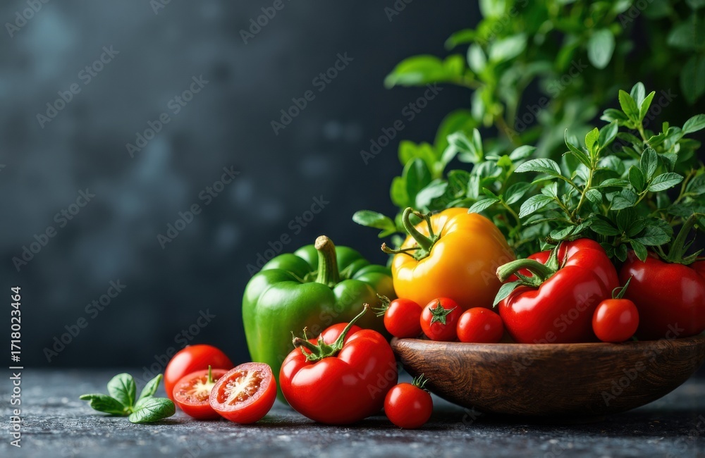 Poster fresh colorful tomatoes and peppers arranged with greenery on a rustic surface