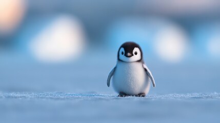 Fototapeta premium A cute young penguin stands on a snowy landscape, showcasing its fluffy plumage in a serene setting, This image can be used for nature documentaries, educational material, or children's content,