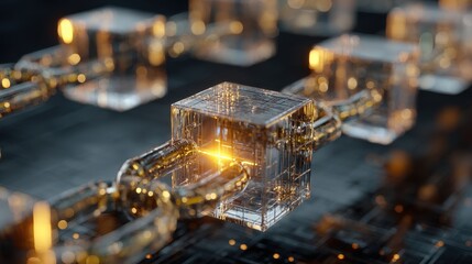 Blockchain Technology Concept: Glowing Cubes and Chain Links