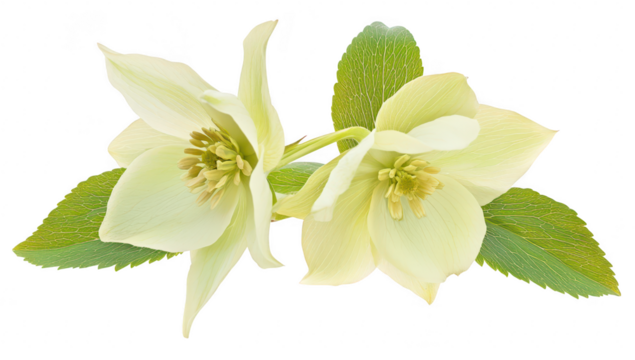 A delicate arrangement of pale yellow hellebores with lush green leaves. their intricate petals and stamens against a white background. ideal for floral design or nature-themed projects - Powered by Adobe