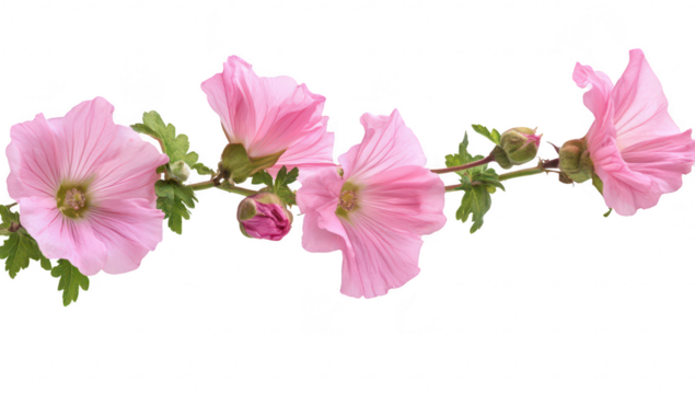 A delicate branch of pink hollyhock flowers with petals and green leaves. elegantly arranged against a white background. perfect for nature-themed projects and floral designs