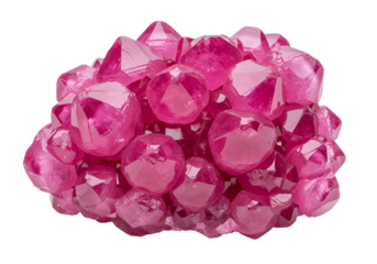 Close-up view of a cluster of vibrant, faceted pink crystals, showcasing intricate geometric patterns and reflecting light beautifully against a dark background.