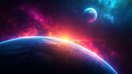 Space planets concept background. Sci-fi fantastic cosmic horizontal poster. Amazing cosmic wallpaper. AI artwork digital illustration.