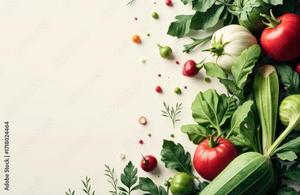 Poster fresh vegetables and herbs arranged on a light background creating a vibrant display of colors and t