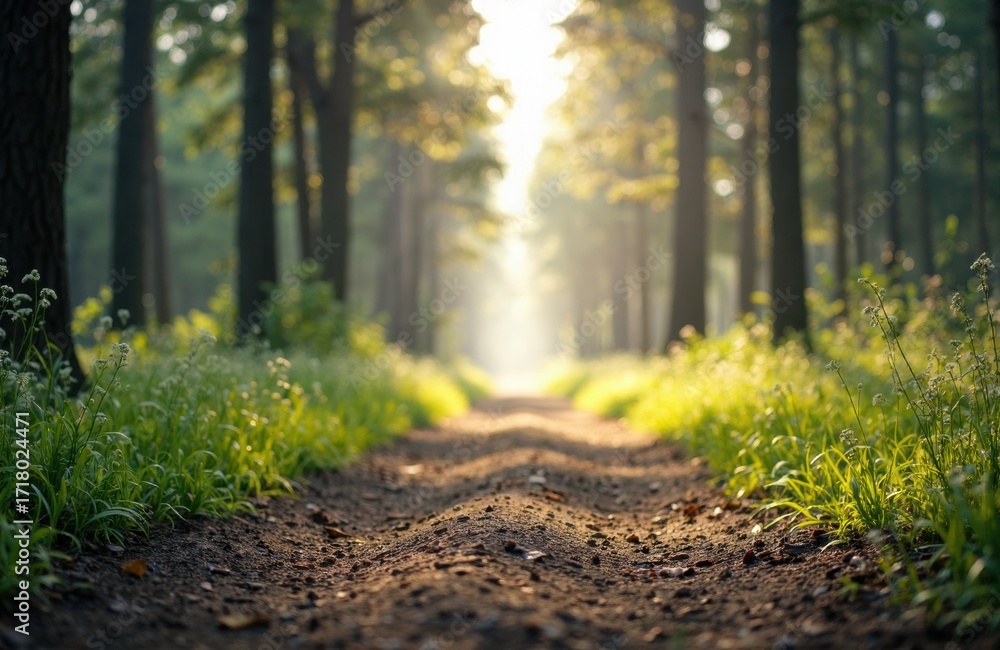 Poster sunlit forest path surrounded by lush greenery and tall trees in a peaceful natural setting