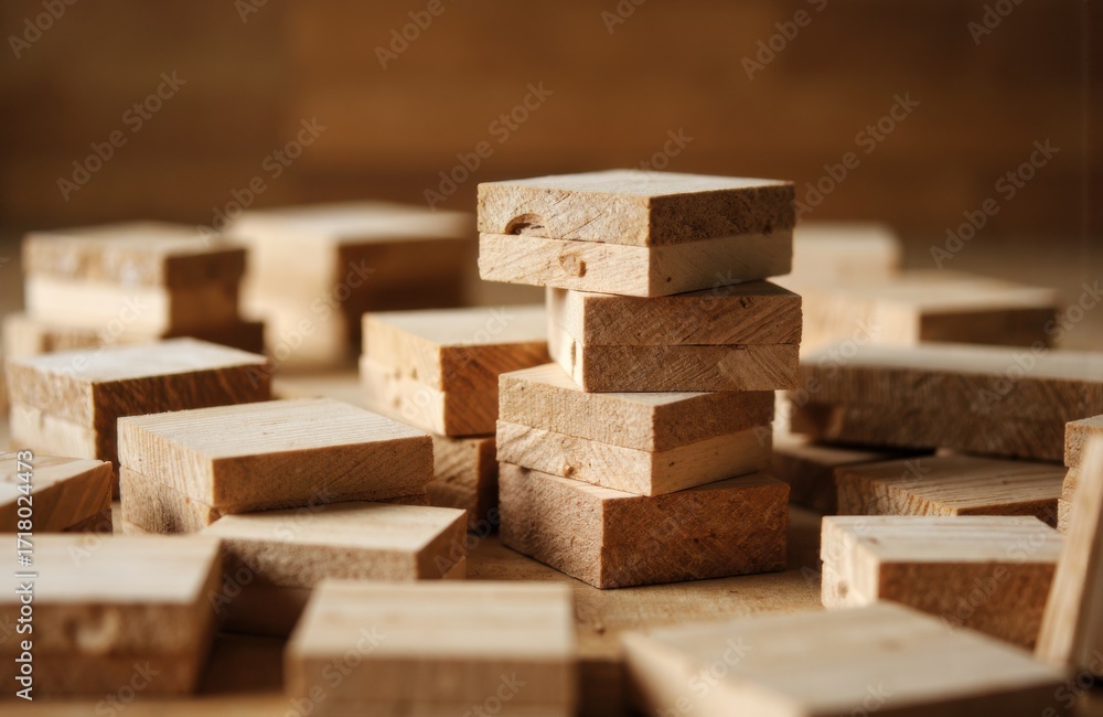 Poster stacked wooden blocks arranged in a rustic setting with warm lighting and natural textures