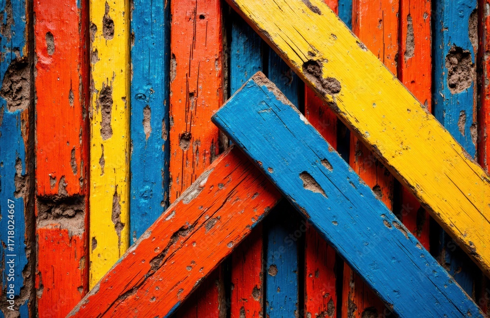 Poster Colorful weathered wooden planks arranged in diagonal pattern with vibrant paint and rustic texture
