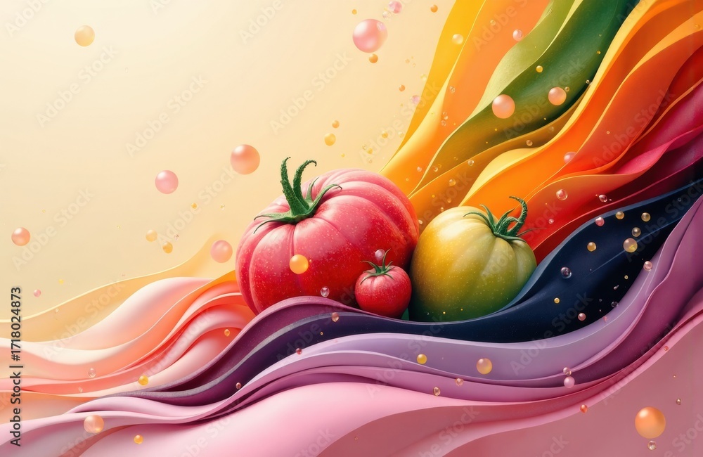 Poster vibrant tomatoes with colorful flowing background creating dynamic visual effect