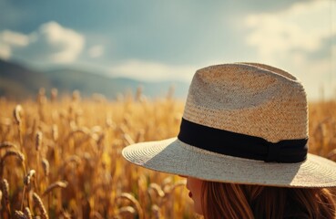 Woman wearing a straw hat in a wheat field during sunset