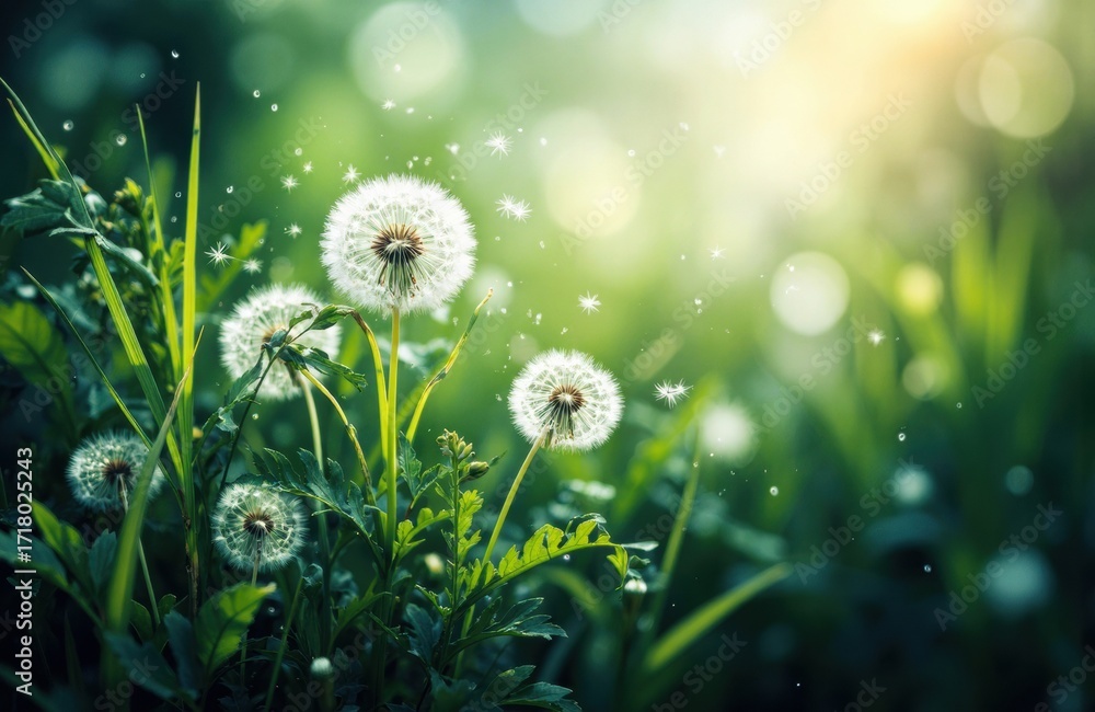 Poster dandelions in a lush green field with sunlight filtering through creating a peaceful natural scene