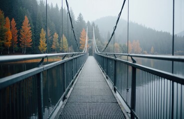Suspension bridge extending into foggy forest landscape with autumn-colored trees
