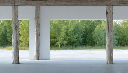 A spacious, minimalist interior space features large, weathered wooden pillars framing a verdant forest backdrop.