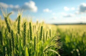 Fototapeta premium Golden wheat stalks sway in a bright field under a partly cloudy sky with warm sunlight illuminating the scene