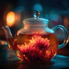 Blooming Red Flower Tea in Glass Teapot with Warm, Dramatic Lighting