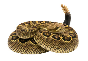 A detailed close-up of a coiled western diamondback rattlesnake, showcasing its intricate scales and venomous features against a stark black background.