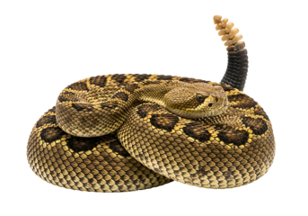A detailed close-up of a coiled western diamondback rattlesnake, showcasing its intricate scales and venomous features against a stark black background.