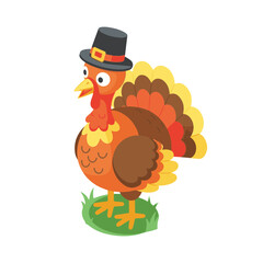 Cartoon turkey wearing a pilgrim hat standing in green grass  
