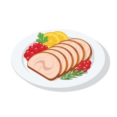 Sliced roast chicken with lemon and berries on a white plate  